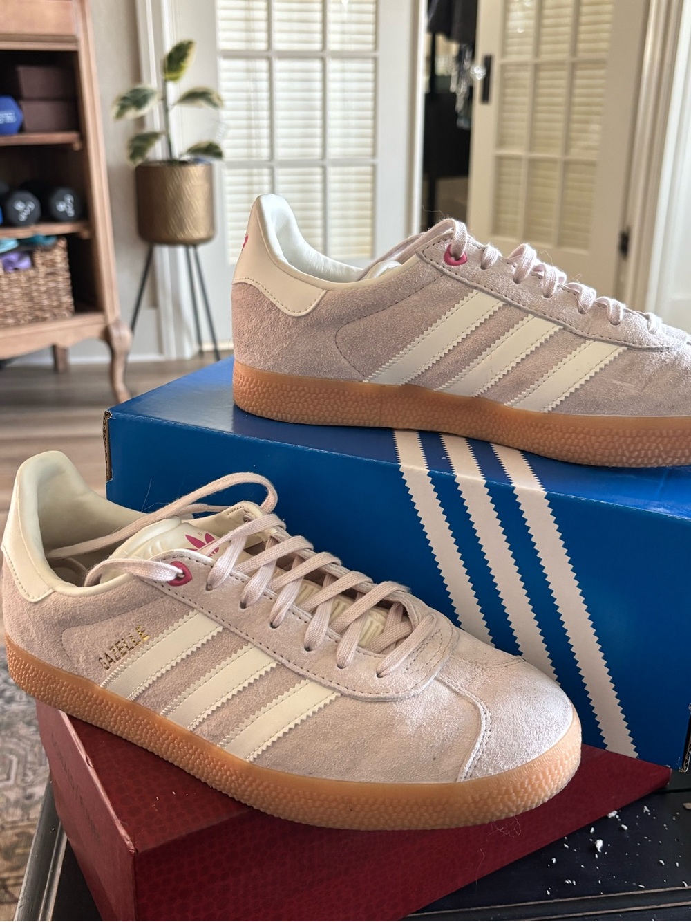 adidas Womens Gazelle Suede Sneakers in Light Pink with Gum Sole